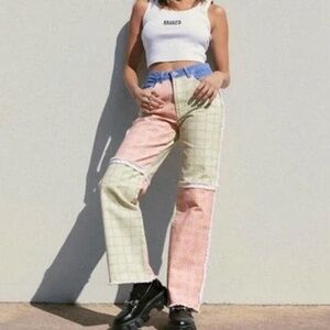 NEW Ragged Priest Multicolor Patchwork Check Wide Leg Jeans Size 28 Fringe‎ Boho